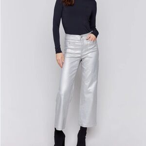 CHARLIE B Women's Argent Silver Metallic Wax Pants Flared Cropped Size 14 NEW